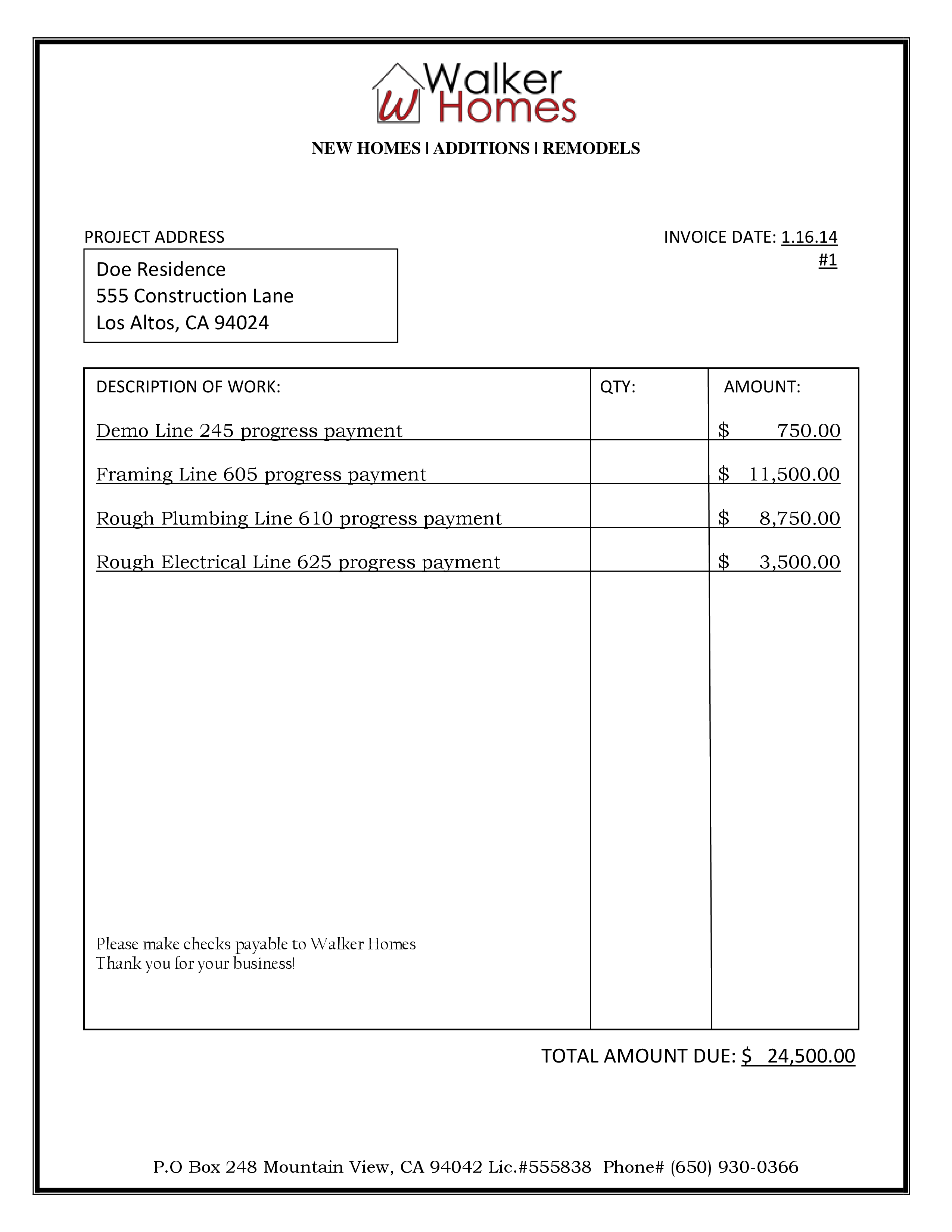 examples of invoices for contractors